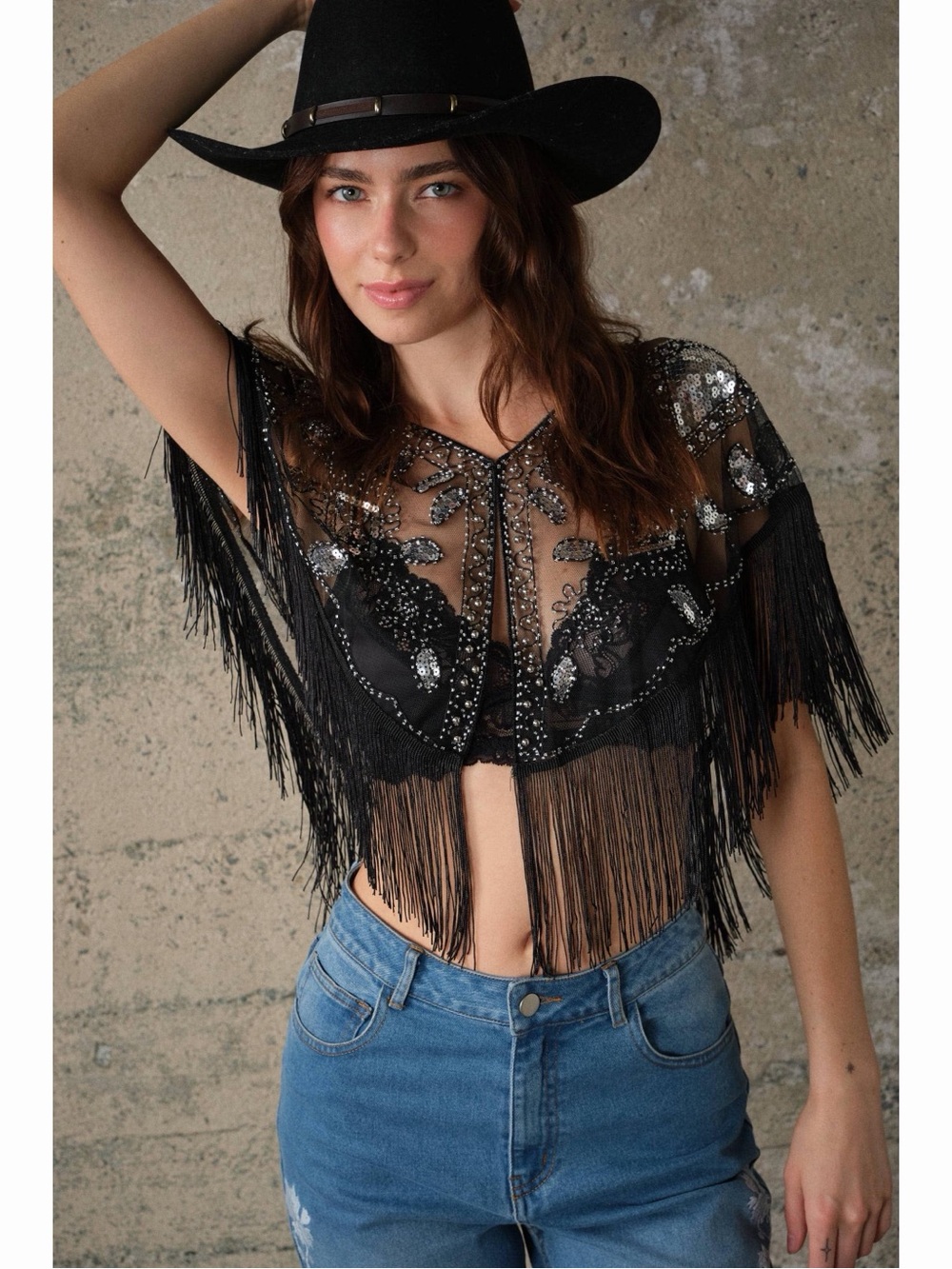 Sheer Embellished Fringe Capelet - Black